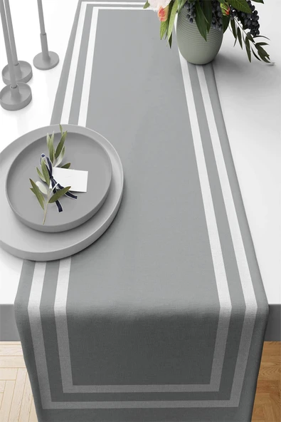 Gri Çerçeveli Desen Premium Masa Örtüsü Runner RNR366 ürün görseli 1