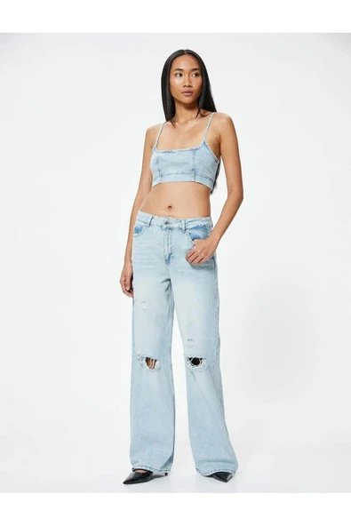 Geniş Paça Yırtık Kot Pantolon Standart Bel Düğmeli - Bianca Wide Leg Jean ürün görseli 1