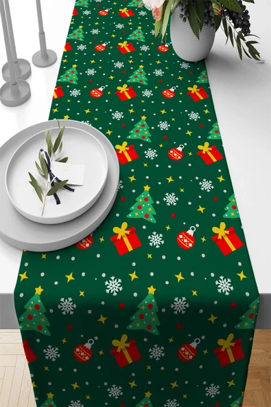 Yeşil Christmas Desen Premium Masa Örtüsü Runner RNR563 ürün görseli 1