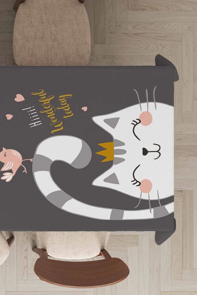 Gri Kedi Desenli Dokuma Leke Tutmaz Masa Örtüsü MSO440 ürün görseli 1