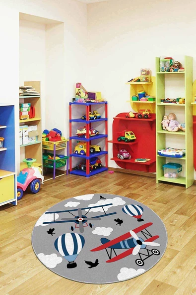 Gri Kaymaz Tabanlı Uçaklı Yuvarlak Çocuk Halısı AR1020 ürün görseli 1