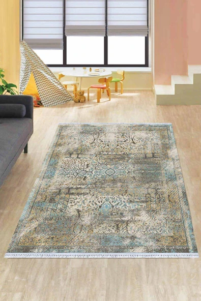 Mavi Vintage Dokuma Pamuk Tabanlı Kaymaz Kilim KLM324 ürün görseli 1