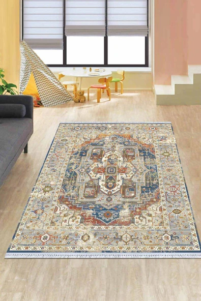 Renkli Klasik Göbekli Dokuma Pamuk Taban Kaymaz Kilim KLM206 ürün görseli 1