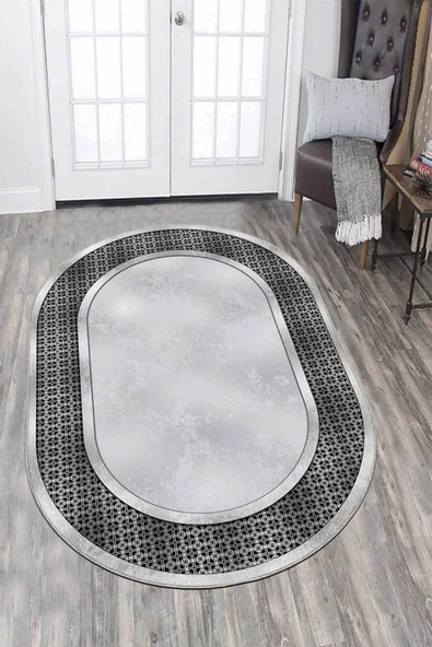 Gri Çerçeveli Kaymaz Tabanlı Yıkanan Oval Halı AR735 ürün görseli 1