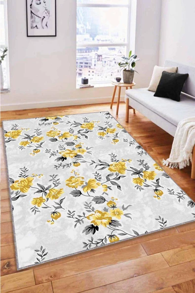 Sarı Çiçekli Kaymaz Tabanlı Makinede Yıkanabilir Halı BH006 ürün görseli 1