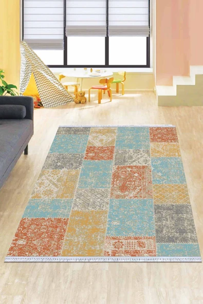Mavi Patchwork Dokuma Pamuk Taban Kaymaz Kilim KLM068 ürün görseli 1