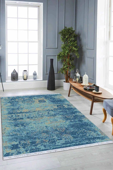 Mavi Modern Dokuma Pamuk Tabanlı Kaymaz Kilim KLM014 ürün görseli 1