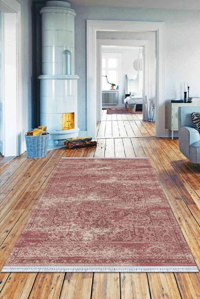 Pembe Vintage Dokuma Pamuk Tabanlı Kaymaz Kilim KLM233 ürün görseli 1