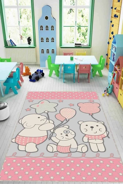Pembe Kaymaz Tabanlı Yıkanabilir Ayıcıklı Bebek Halısı KD015 ürün görseli 1