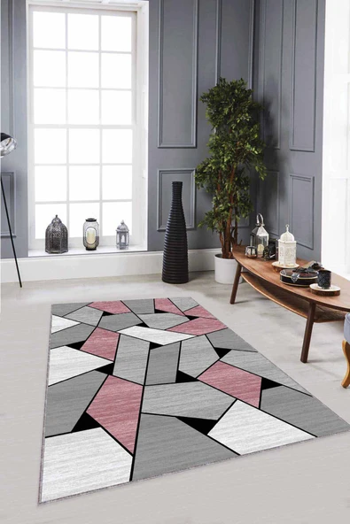 Pembe Geometrik Kaymaz Taban Makinede Yıkanabilir Halı WL04 ürün görseli 1