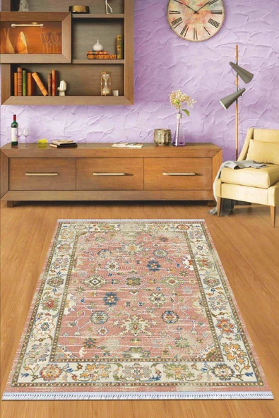 Pembe Çerçeveli Dokuma Pamuk Taban Kaymaz Kilim KLM037 ürün görseli 1