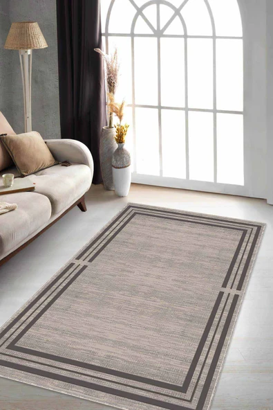 Bej Çerçeveli Kaymaz Tabanlı Makinede Yıkanabilir Halı RV083 ürün görseli 1