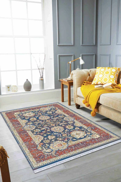 Çok Renkli Çerçeveli Dokuma Pamuk Taban Kaymaz Kilim KLM285 ürün görseli 1