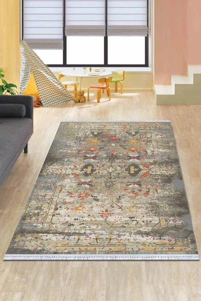 Çok Renkli Vintage Dokuma Pamuk Taban Kaymaz Kilim KLM104 ürün görseli 1