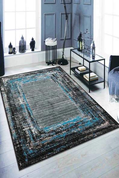 Mavi Modern Klasik Kaymaz Tabanlı Dekoratif Halı AR123 ürün görseli 1