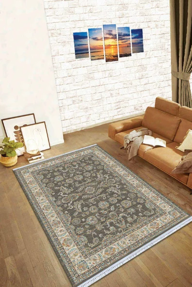 Antrasit Çerçeveli Dokuma Pamuk Taban Kaymaz Kilim KLM213 ürün görseli 1