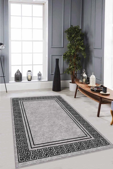 Gri Çerçeveli Kaymaz Tabanlı Makinede Yıkanabilir Halı RV042 ürün görseli 1