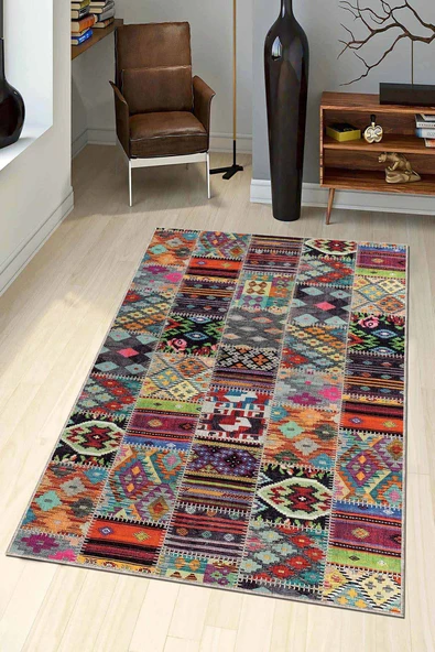 Çok Renkli Patchwork Kaymaz Tabanlı Dekoratif Halı AR749 ürün görseli 1