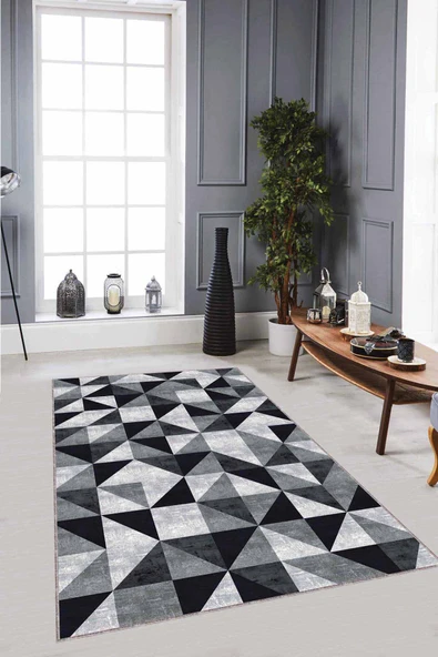 Siyah Geometrik Kaymaz Taban Makinede Yıkanabilir Halı PR04 ürün görseli 1