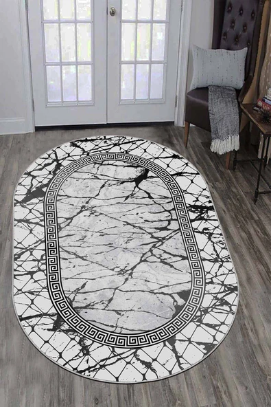 Gri Çerçeveli Kaymaz Tabanlı Yıkanabilir Oval Halı AR975 ürün görseli 1