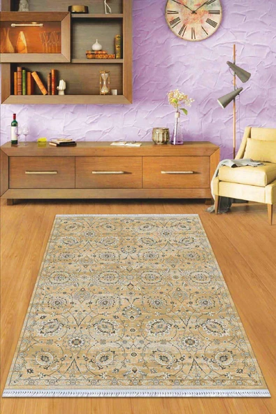 Sarı Vintage Dokuma Pamuk Tabanlı Kaymaz Kilim KLM305 ürün görseli 1