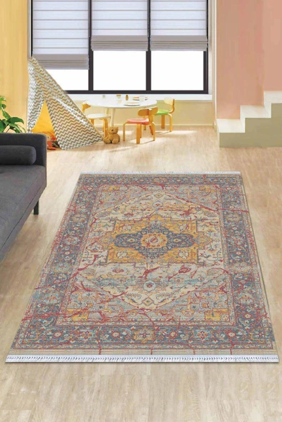 Renkli Klasik Göbekli Dokuma Pamuk Taban Kaymaz Kilim KLM148 ürün görseli 1