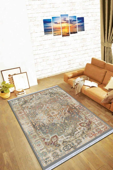 Toprak Klasik Göbekli Dokuma Pamuk Taban Kaymaz Kilim KLM096 ürün görseli 1