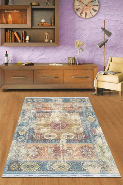 Mavi Vintage Dokuma Pamuk Tabanlı Kaymaz Kilim KLM103 ürün görseli 1