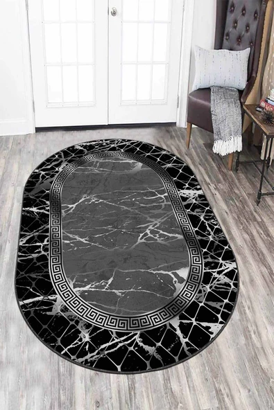 Füme Çerçeveli Kaymaz Taban Yıkanan Oval Salon Halısı AR976 ürün görseli 1