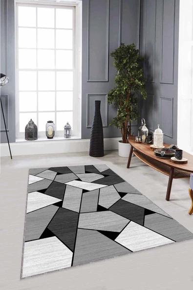 Gri Geometrik Kaymaz Tabanlı Makinede Yıkanabilir Halı WL01 ürün görseli 1