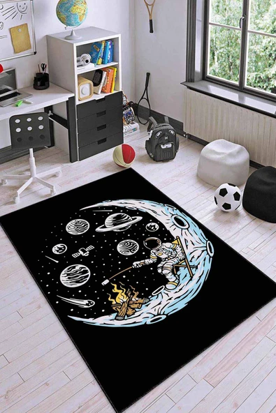 Siyah Kaymaz Taban Uzay Tema Astronotlu Çocuk Halısı AR1157 ürün görseli 1