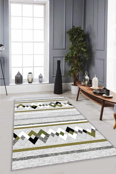 Yeşil Zigzag Kaymaz Tabanlı Makinede Yıkanabilir Halı RT02 ürün görseli 1