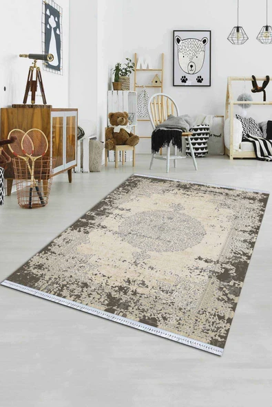 Krem Klasik Göbekli Dokuma Pamuk Taban Kaymaz Kilim KLM056 ürün görseli 1