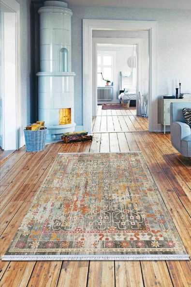Çok Renkli Vintage Dokuma Pamuk Taban Kaymaz Kilim KLM119 ürün görseli 1