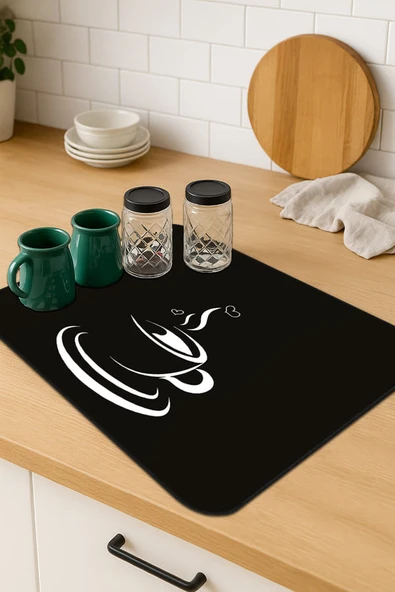 Siyah Mutfak Temalı Microfiber Bulaşık Kurutma Matı MM008 ürün görseli 1
