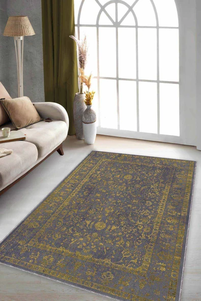 Sarı Vintage Kaymaz Tabanlı Makinede Yıkanabilir Halı KR026 ürün görseli 1
