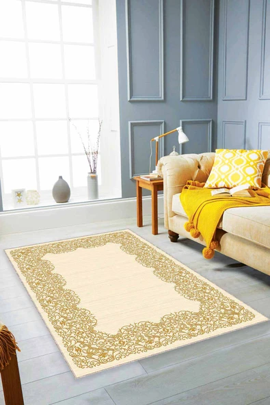 Krem Gold Çerçeveli Kaymaz Tabanlı Dekoratif Halı MK57 ürün görseli 1