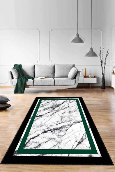 Yeşil Çerçeveli Kaymaz Taban Makinede Yıkanabilir Halı RV112 ürün görseli 1