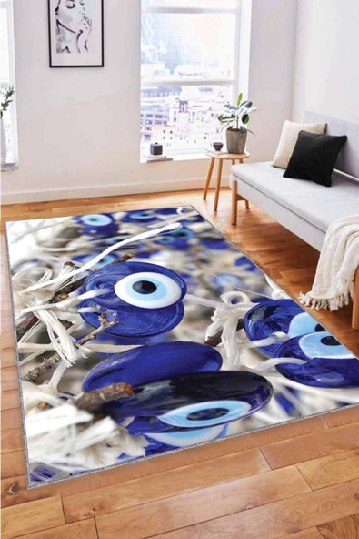 Lacivert Nazar Boncuğu Desenli 3D Kaymaz Tabanlı Halı RV363 ürün görseli 1