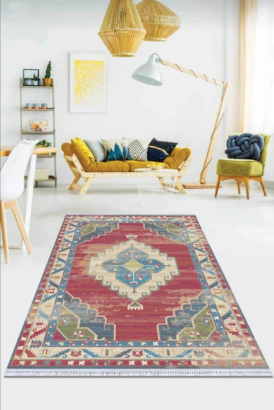 Pembe Klasik Göbekli Dokuma Pamuk Taban Kaymaz Kilim KLM318 ürün görseli 1