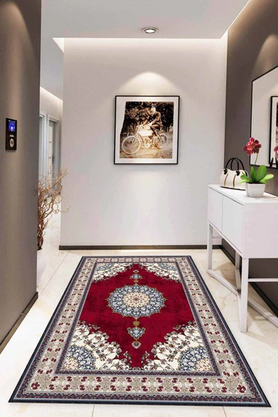 Bordo Klasik Göbekli Kaymaz Tabanlı Dekoratif Halı MK14 ürün görseli 1