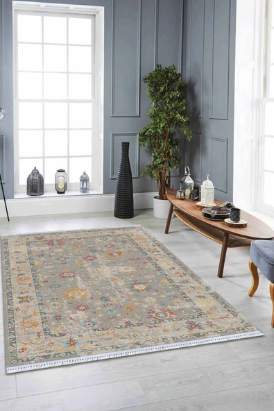 Toprak Çerçeveli Dokuma Pamuk Taban Kaymaz Kilim KLM152 ürün görseli 1