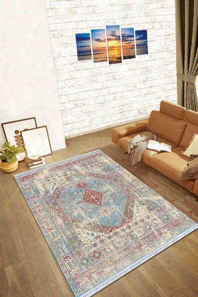 Mavi Klasik Göbekli Dokuma Pamuk Taban Kaymaz Kilim KLM109 ürün görseli 1