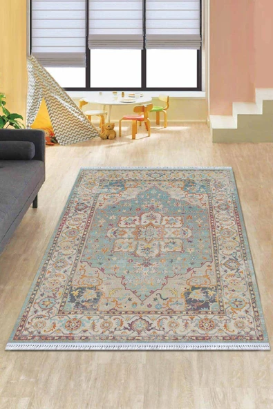 Mavi Klasik Göbekli Dokuma Pamuk Taban Kaymaz Kilim KLM157 ürün görseli 1