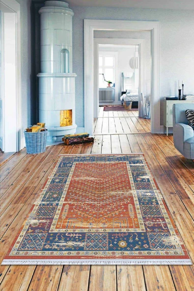Kiremit Çerçeveli Dokuma Pamuk Taban Kaymaz Kilim KLM336 ürün görseli 1