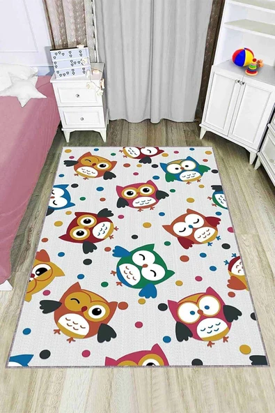 Çok Renkli Kaymaz Tabanlı Baykuşlu Çocuk Halısı KD055 ürün görseli 1