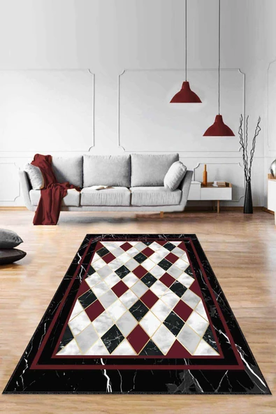 Bordo Geometrik Kaymaz Taban Makinede Yıkanabilir Halı RV143 ürün görseli 1