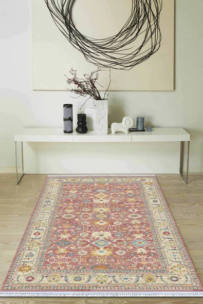 Pembe Çerçeveli Dokuma Pamuk Taban Kaymaz Kilim KLM216 ürün görseli 1