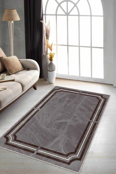 Bej Çerçeveli Kaymaz Tabanlı Makinede Yıkanabilir Halı RV067 ürün görseli 1