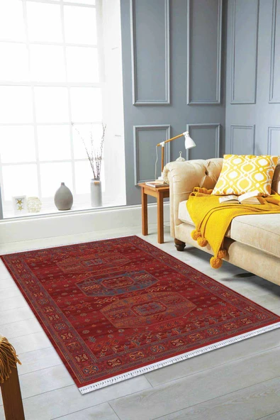 Bordo Yöresel Dokuma Pamuk Tabanlı Kaymaz Kilim KLM312 ürün görseli 1